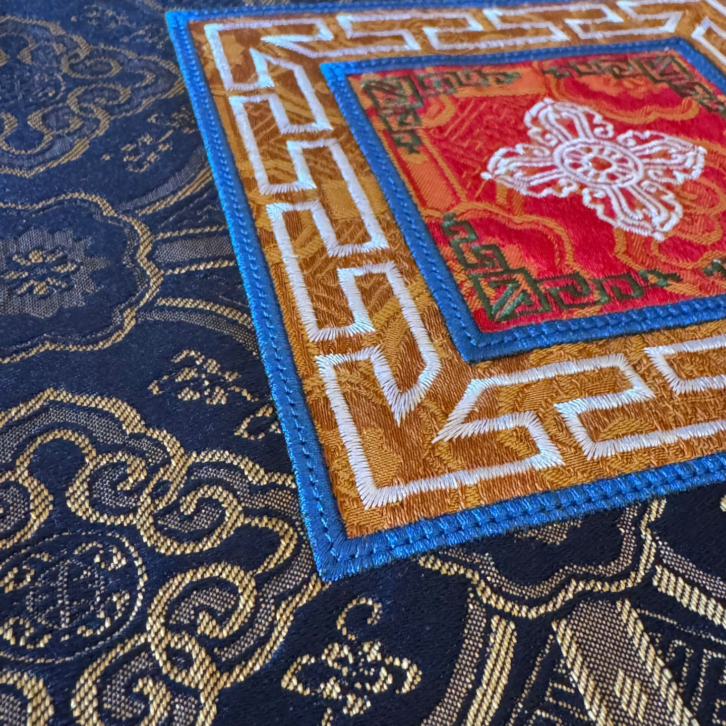 Tibetan Double Dorje Embroidered Brocade Table Mat