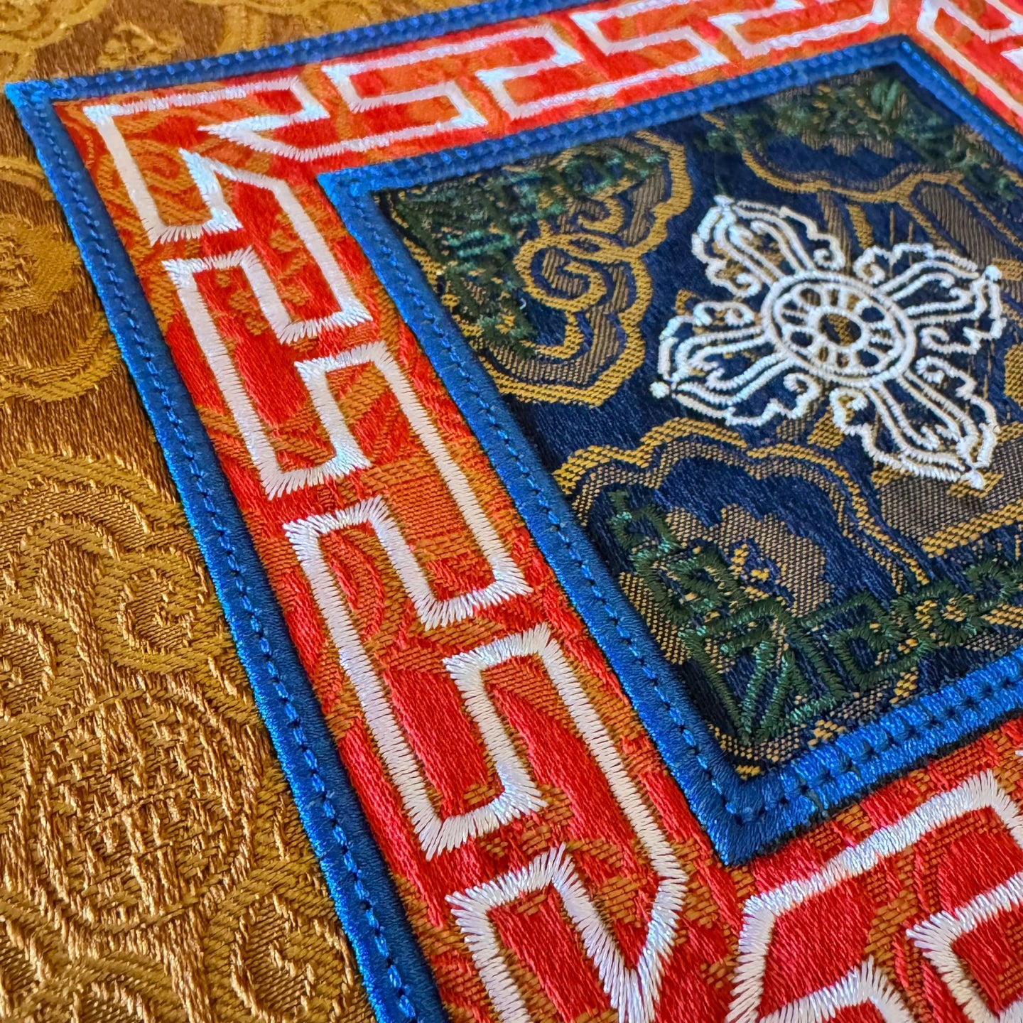 Tibetan Double Dorje Embroidered Brocade Table Mat
