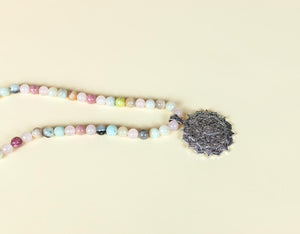 Mala Rose Quartz, Amazonite, Rhodonite with Lotus Pendant