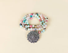 Load image into Gallery viewer, Mala Rose Quartz, Amazonite, Rhodonite with Lotus Pendant
