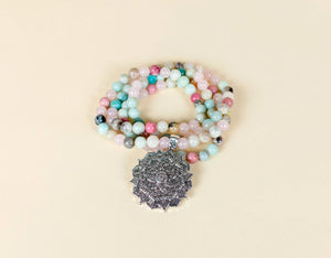 Mala Rose Quartz, Amazonite, Rhodonite with Lotus Pendant